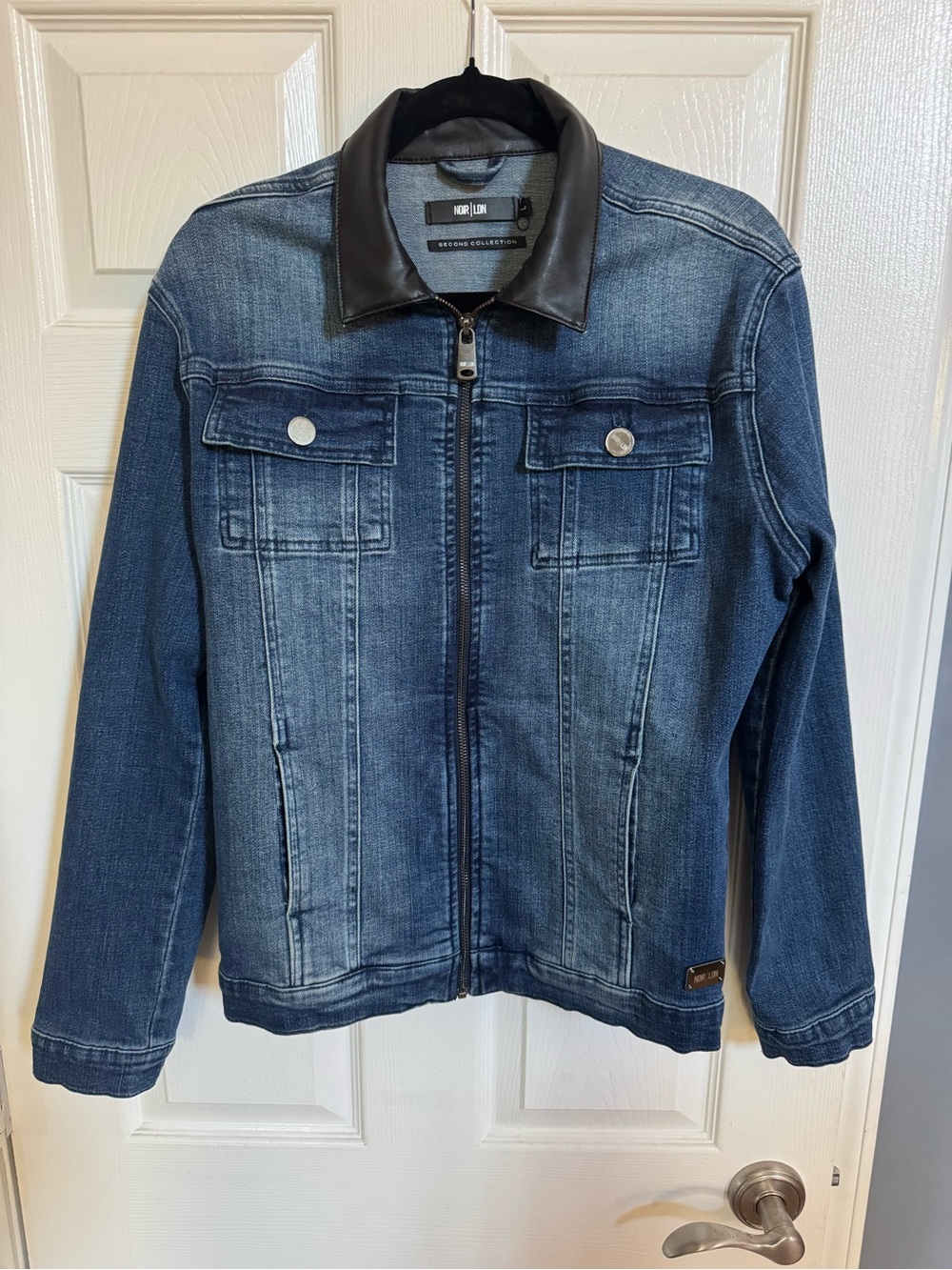 nOir Jewelry Blue Denim Jacket with Black Faux-Leather Collar
